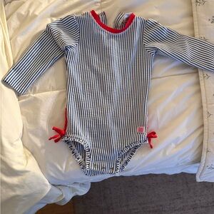 Ruffle Butts red white and blue Striped One-Piece with Red Trim